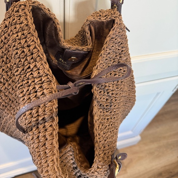 Lauren Ralph Lauren Brown Crochet Paper Straw Hobo Shoulder Bag Tote Large - Picture 4 of 13